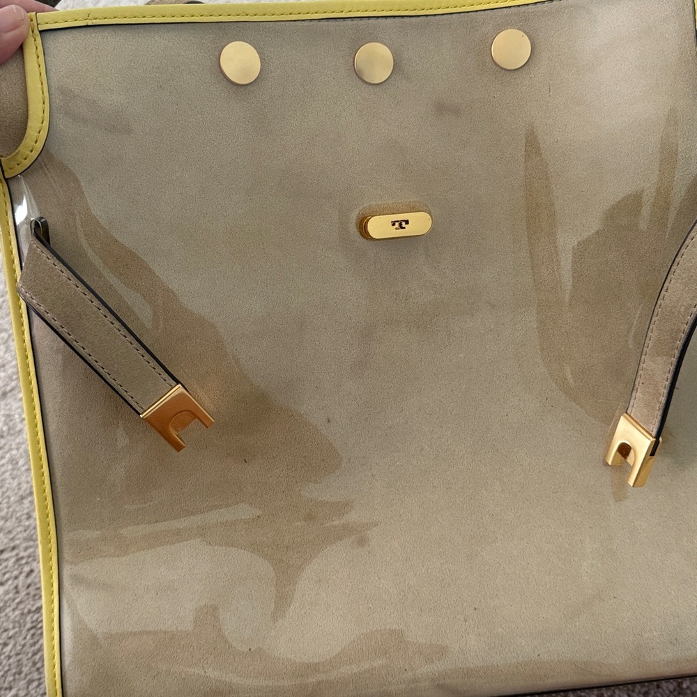 Tory Burch Lee Radziwill Raincoat Double Leather Bag Satchel Beige Yellow Bag - Picture 8 of 17